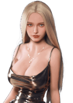 Poupée sexuelle réaliste DutchDoll Mia 159 cm en TPE avec cheveux blond clair, yeux bleu vif, seins gel E-cup et silhouette sablier voluptueuse.