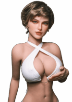 Poupée sexuelle réaliste DutchDoll Kate 159 cm en TPE avec cheveux bruns courts, grosses poitrines en gel et silhouette sablier voluptueuse, sex doll au look naturel.