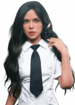 Poupée sexuelle réaliste Firedoll Nova 157 cm en TPE avec cheveux bruns, peau claire, seins en gel et regard sensuel, sex doll aux courbes naturelles et allure élégante.