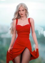 Poupée sexuelle réaliste Roxy avec cheveux blonds longs ondulés, robe rouge courte fendue et bas noirs, texture de peau humaine hyper réaliste
